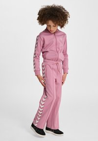 Roze trainingspak met een ritsjack en bijpassende broek met witte chevron-zijstrepen. De stof is zacht, met een comfortabele pasvorm en een gestructureerde afwerking.