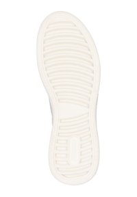 White rubber shoe sole with a textured, ridged pattern. Features a circular logo and size imprint, designed for traction and durability.