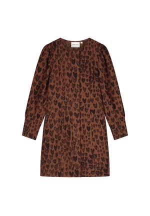 Brown dress featuring a black heart-patterned design, long sleeves, a round neckline, and a loose fit. Soft fabric texture throughout.