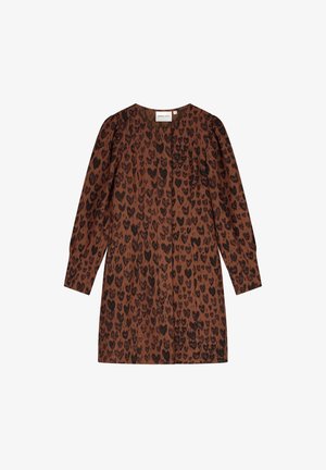 Brown dress featuring a black heart-patterned design, long sleeves, a round neckline, and a loose fit. Soft fabric texture throughout.