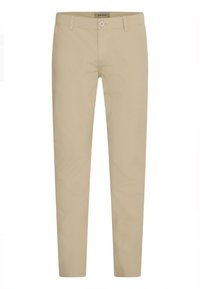 Beige Slim-Fit-Hosen mit Knopf- und Reißverschluss, Gürtelschlaufen und frontalen Taschen, auf einem weißen Hintergrund präsentiert.