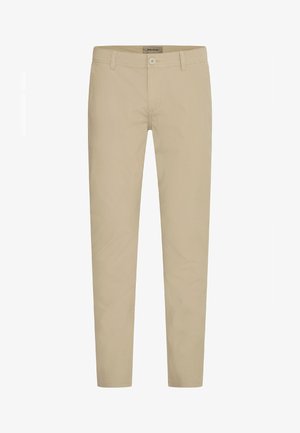 Beige slim-fit-housut, joissa on nappi- ja vetoketjusuljenta, vyölenkit ja etutaskut, esitelty valkoisella taustalla.