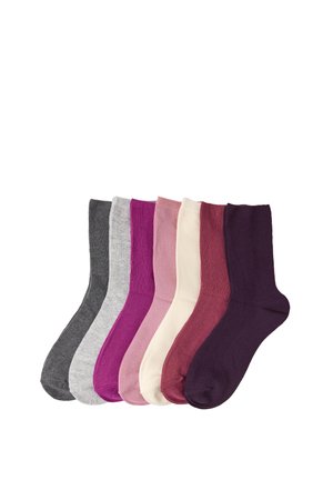 Seven pairs of crew socks in gray, light gray, magenta, pink, cream, mauve, and dark purple, arranged side by side on a white background.