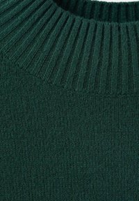 Maglione a maglia verde scuro con colletto a costine. La texture è morbida e leggermente pelosa, con un motivo a tessitura stretta su tutta la superficie.