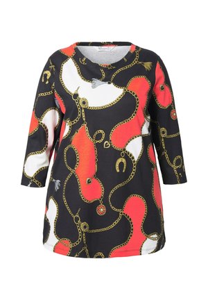 Černá tunika se třičtvrtinovými rukávy, která má barevný vzor řetězů a doplňků v červené, bílé a zlaté barvě. Měkký materiál.