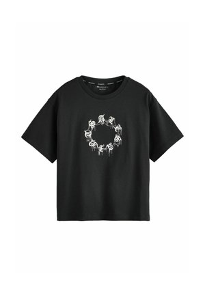 Black cropped T-shirt with white circular Gothic-style text graphic on the chest, short sleeves, and a round neckline.