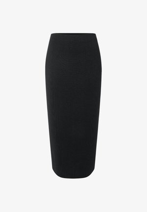 Jupe crayon noire, taille haute, longueur au genou, avec une silhouette droite et sans motifs ni ornements visibles.