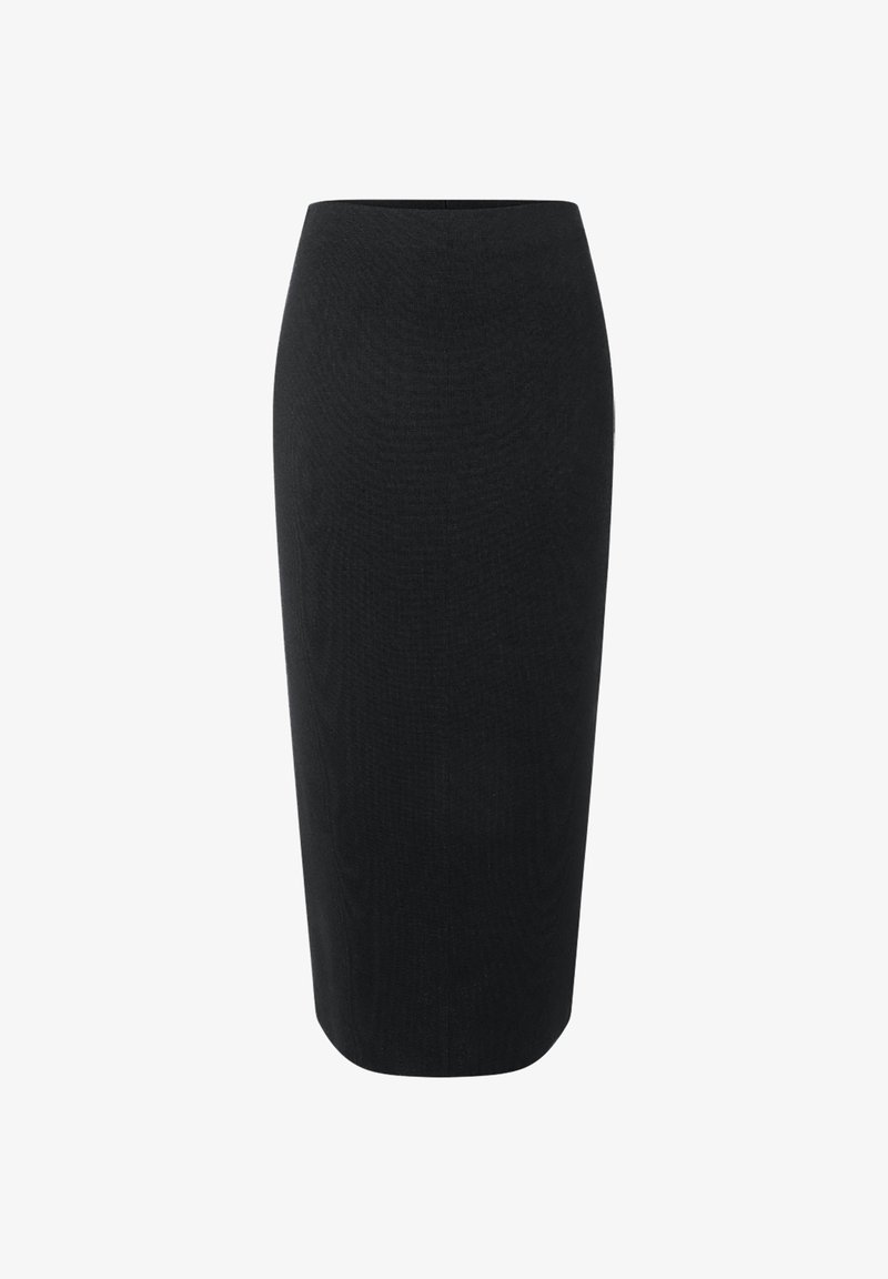 Jupe crayon noire, taille haute, longueur au genou, avec une silhouette droite et sans motifs ni ornements visibles.