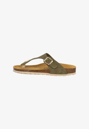 Olivgrünes Wildleder Flip-Flop-Sandale mit Korksohle, verstellbarem Riemen mit einer Metallschließe und einem naturbelassenen Struktur-Fußbett.