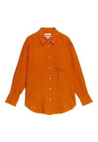Oranje langemouwen shirt van linnen. Heeft een button-down kraag, een borstzak en witte knopen op een gestructureerde stof.