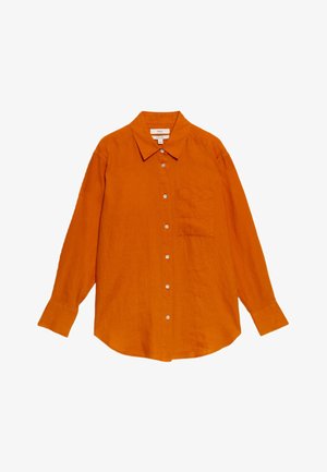 Orange langærmet skjorte lavet af hør. Har en button-down krave, frontlomme og hvide knapper på et tekstureret stof.