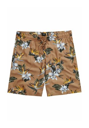 Kratké plavky v tan barvě se tropickým květinovým vzorem v žluté, bílé a zelené barvě. Vyrobeno z lehkého materiálu s elastickým pasem.