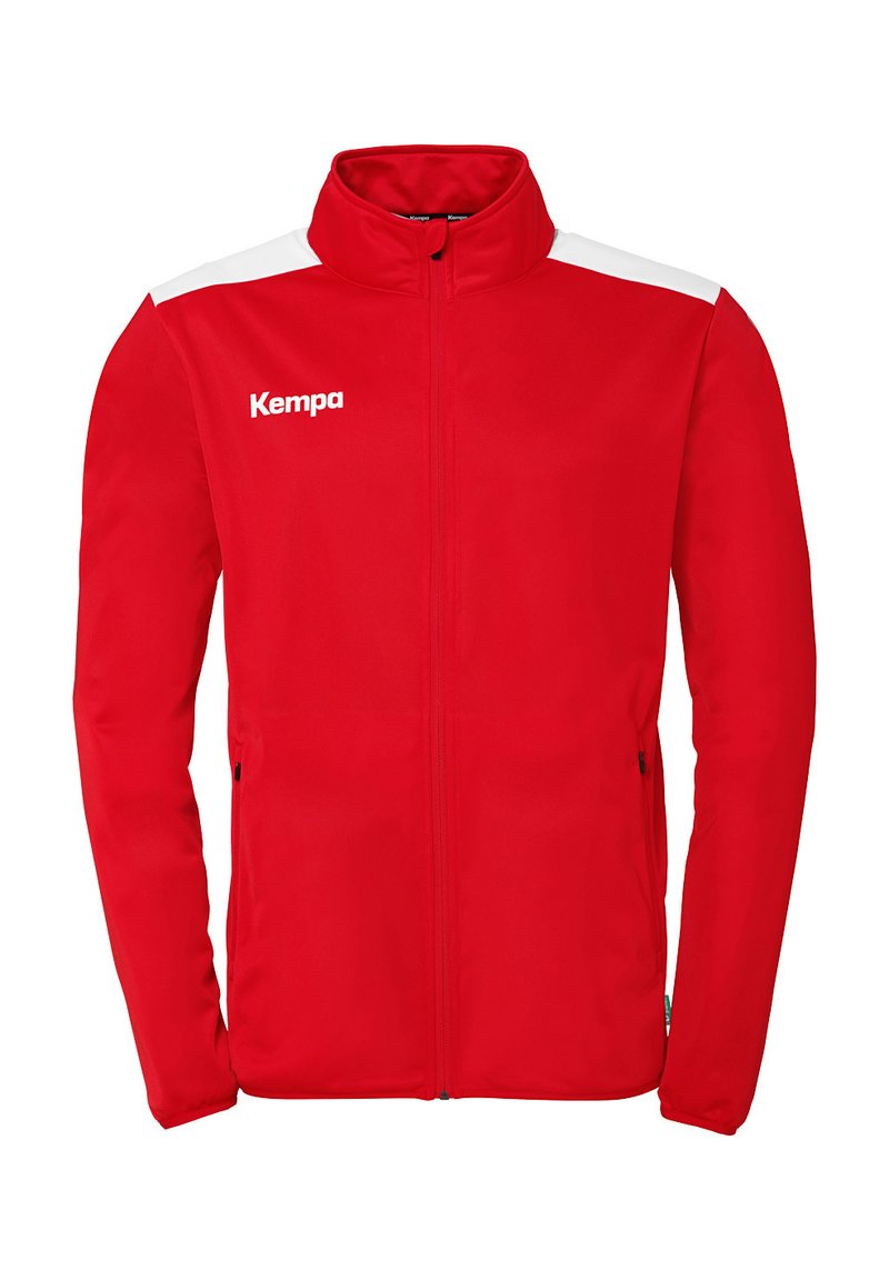 Red athletic zip-up jacket with white accents, featuring a high collar, two side pockets, and a logo on the upper left front.