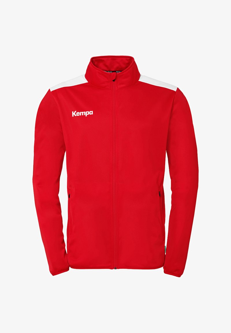 Red athletic zip-up jacket with white accents, featuring a high collar, two side pockets, and a logo on the upper left front.