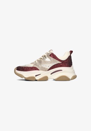 Chunky sneakers featuring a beige and burgundy glitter upper, lace-up front, and textured rubber sole. Rounded toe and padded collar.