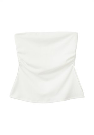 Top blanco sin tirantes hecho de tela suave. Presenta detalles fruncidos en los laterales y un dobladillo acampanado para un ajuste relajado.