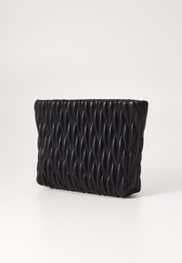 Black leather rectangular clutch with textured, woven design. Features soft, glossy finish and plush, padded surface.
