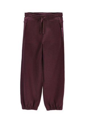 Dark purple sweatpants with elastic waistband, drawstring, side pockets, and elastic cuffs at the ankles.