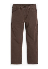 Pantalons marron à jambes droites en coton, dotés de deux poches avant, d'une poche à pièces et d'une poche cargo sur le côté. Couture simple et aucune logo visible.