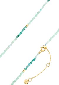 Pērļu kaklarota, kas izgatavota no gaiši zaļiem un tirkīza akmeņiem, papildināta ar zelta elementiem un omāru aizdare, ar maigu ķēdes pagarinājumu.