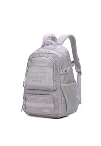 Zaino lilla chiaro con numerosi scomparti con zip, tasche laterali in rete e spallacci imbottiti regolabili. Realizzato in tessuto resistente.