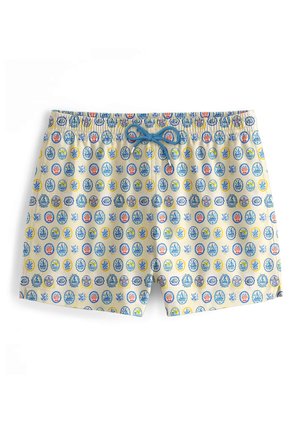 Kopalke z svetlo rumeno podlago, na katerih je vzorec modrih in rdečih krožnih oblik ter moder vrv na pasu.