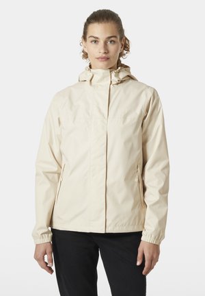 Beige lichtgewicht jack met capuchon, elastische manchetten en zijzakken met rits, gemaakt van een glad, waterafstotend materiaal.