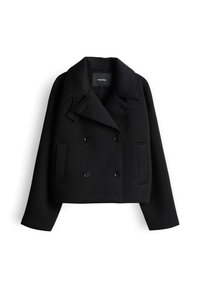 Zwart dubbelbreasted cropped jack met brede revers, vier knopen, twee voorzakken en lange mouwen.