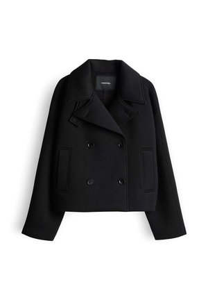 Schwarze, zweireihige, kurz geschnittene Jacke mit breiten Revers, vier Knöpfen, zwei Fronttaschen und langen Ärmeln.