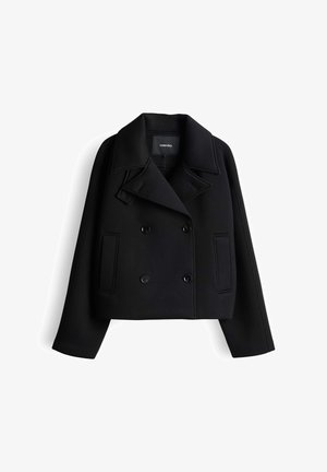 Schwarze, zweireihige, kurz geschnittene Jacke mit breiten Revers, vier Knöpfen, zwei Fronttaschen und langen Ärmeln.