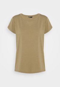 T-shirt vert olive avec un col rond, des manches courtes et une texture lisse. Il présente une coupe droite et est fabriqué à partir d'un tissu doux et léger.