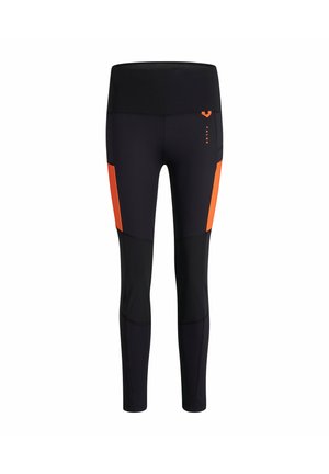 Schwarze Sportleggings mit orangefarbenen Akzenten, ausgestattet mit einem hohen Bund, Seitentaschen und einem enganliegenden Design. Strukturiertes Material für Langlebigkeit.