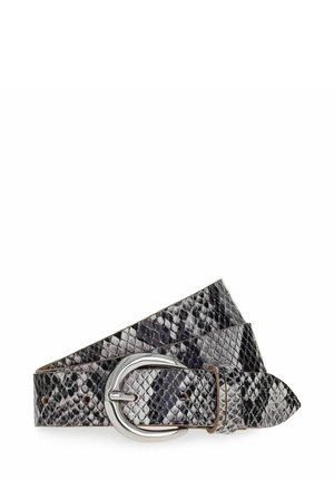 Black and gray snake-print leather belt with a silver-tone circular buckle; features a textured surface and pointed tip.