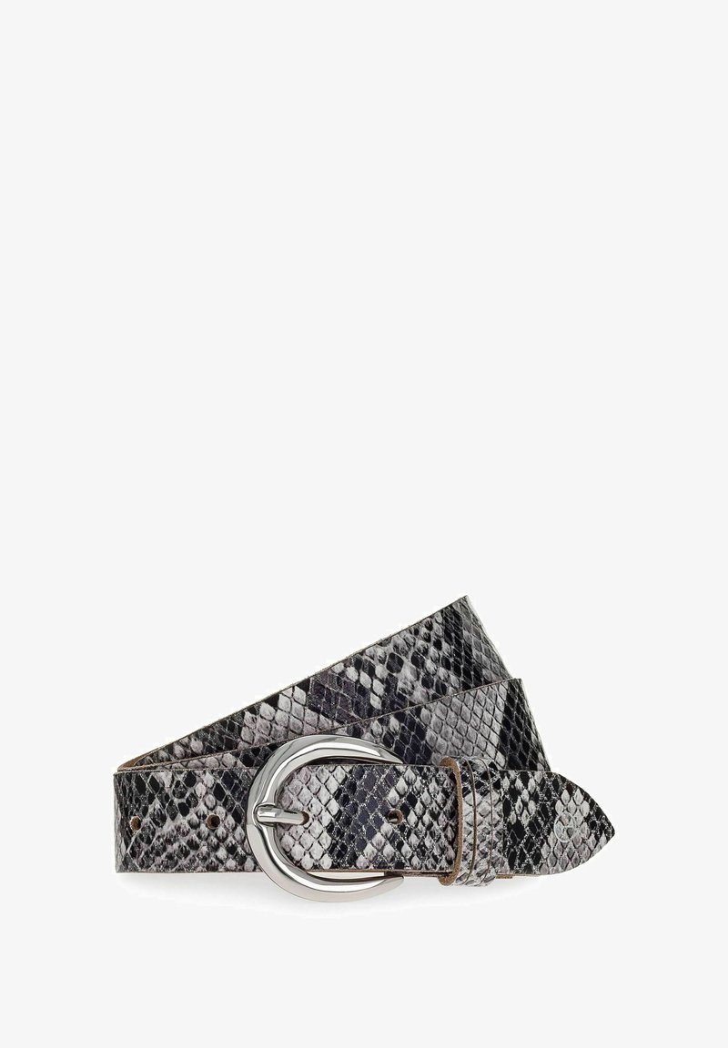 Schwarzer und grauer Schlangenledergürtel mit einer silberfarbenen runden Schnalle; hat eine strukturierte Oberfläche und eine spitz zulaufende Spitze.