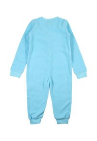 Body bleu clair à manches longues en tissu doux, avec des poignets élastiques et un dos sans coutures. Texture lisse partout.