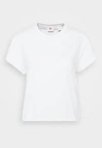 Weißes Baumwoll-T-Shirt mit kurzen Ärmeln, Rundhalsausschnitt und lockerer Passform. Sichtbare Markenetiketten am Kragen. Glatte Textur.