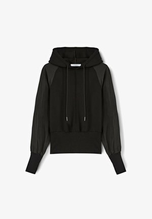 Hanorac negru cu elastic, având un corp din țesătură moale și mâneci căptușite, strălucitoare. Mansetele și tivul ribbate asigură o potrivire comodă.