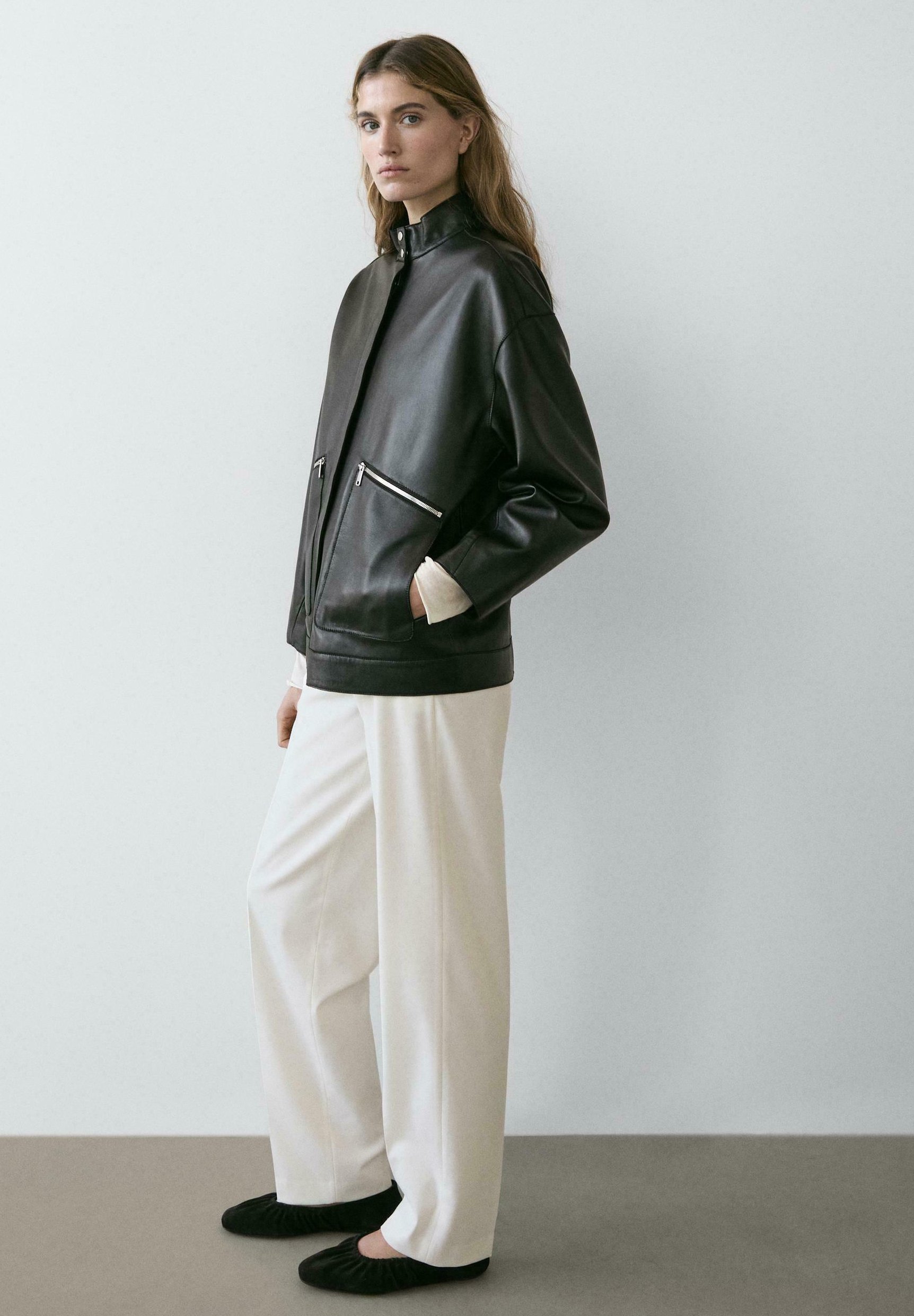 Massimo Dutti WITH POCKET DETAILS - Leather jacket - black - Zalando