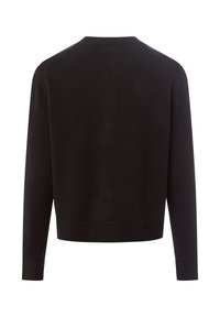 Zwarte gebreide trui met een ronde hals, lange mouwen en geribde manchetten en zoom. Eenvoudig ontwerp en effen kleur met een gestructureerde afwerking.