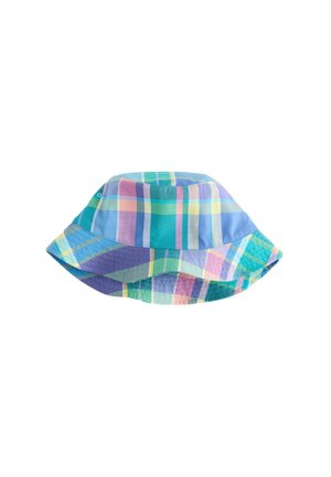 Kapelusz typu bucket z pastelowym, wielokolorowym wzorem w kratę, obejmującym odcienie niebieskiego, zielonego, różowego, fioletowego i żółtego.