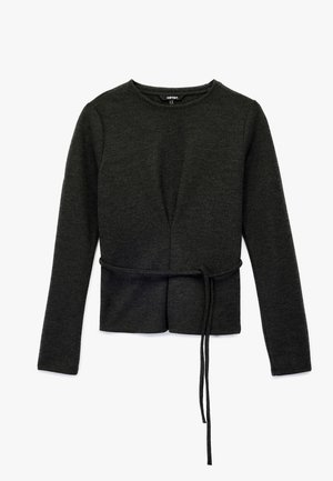 Donkergrijze, lange mouwen trui met een ronde halslijn, voorzien van een strikdetail aan de taille en een textuurstof.