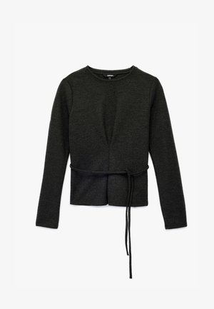 Donkergrijze, lange mouwen trui met een ronde halslijn, voorzien van een strikdetail aan de taille en een textuurstof.