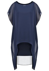 Tunique bleu marine transparente à coupe high-low, manches courtes et col rond, superposée à une couche intérieure plus sombre et ajustée.