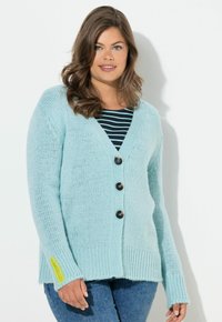 Světlounce modrý pletený cardigan s výstřihem do V, pěti knoflíky na zavírání, žebrovanými lemy na rukávech a ozdobnou nášivkou na levém rukávu.