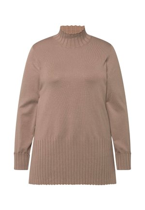 Vaaleanbeige ribattu neule, jossa on korkea, aaltoileva kaula-aukko. Pitkät hihat, joissa on ribatut hihansuut. Helmassa suora leikkaus ja pystysuuntainen ribattu pinta.