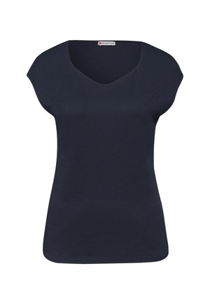 Haut sans manches bleu marine pour femme, col en V, épaules larges, taille ajustée, étiquette de la marque "Street One" à l'intérieur du col.