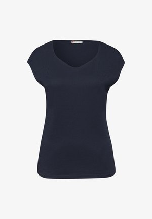 Haut sans manches bleu marine pour femme, col en V, épaules larges, taille ajustée, étiquette de la marque "Street One" à l'intérieur du col.