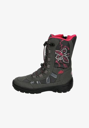 Grauer Winterstiefel mit strukturiertem Obermaterial, pinken Akzenten, floralen Mustern und Schnürung. Verfügt über einen hohen Schaft und eine Gummisohle.