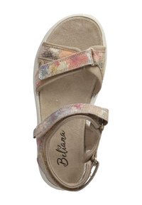 Sandals with a light beige synthetic upper featuring a colorful floral pattern, a cushioned insole, and a single adjustable strap.