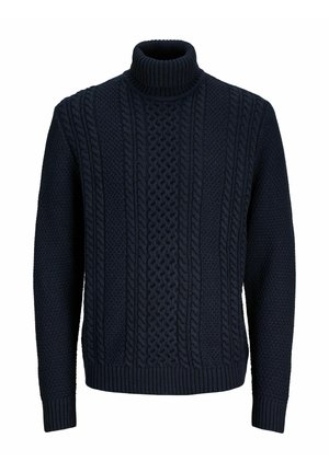 Pull à col roulé bleu marine avec des motifs de tricot texturés et des poignets et un ourlet côtelés. Fabriqué à partir d'un matériau en tricot épais pour la chaleur.